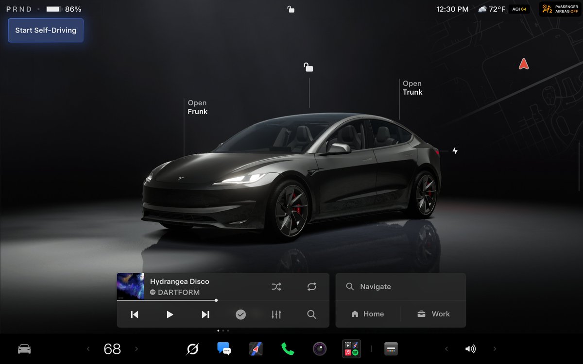 The Model 3 visualization parked, with scene markers for the frunk, trunk and charge port