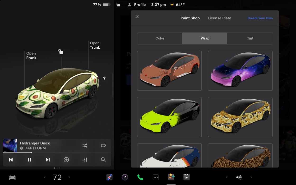 The Paint Shop wrap picker open beside a Model 3 wearing an avocado wrap
